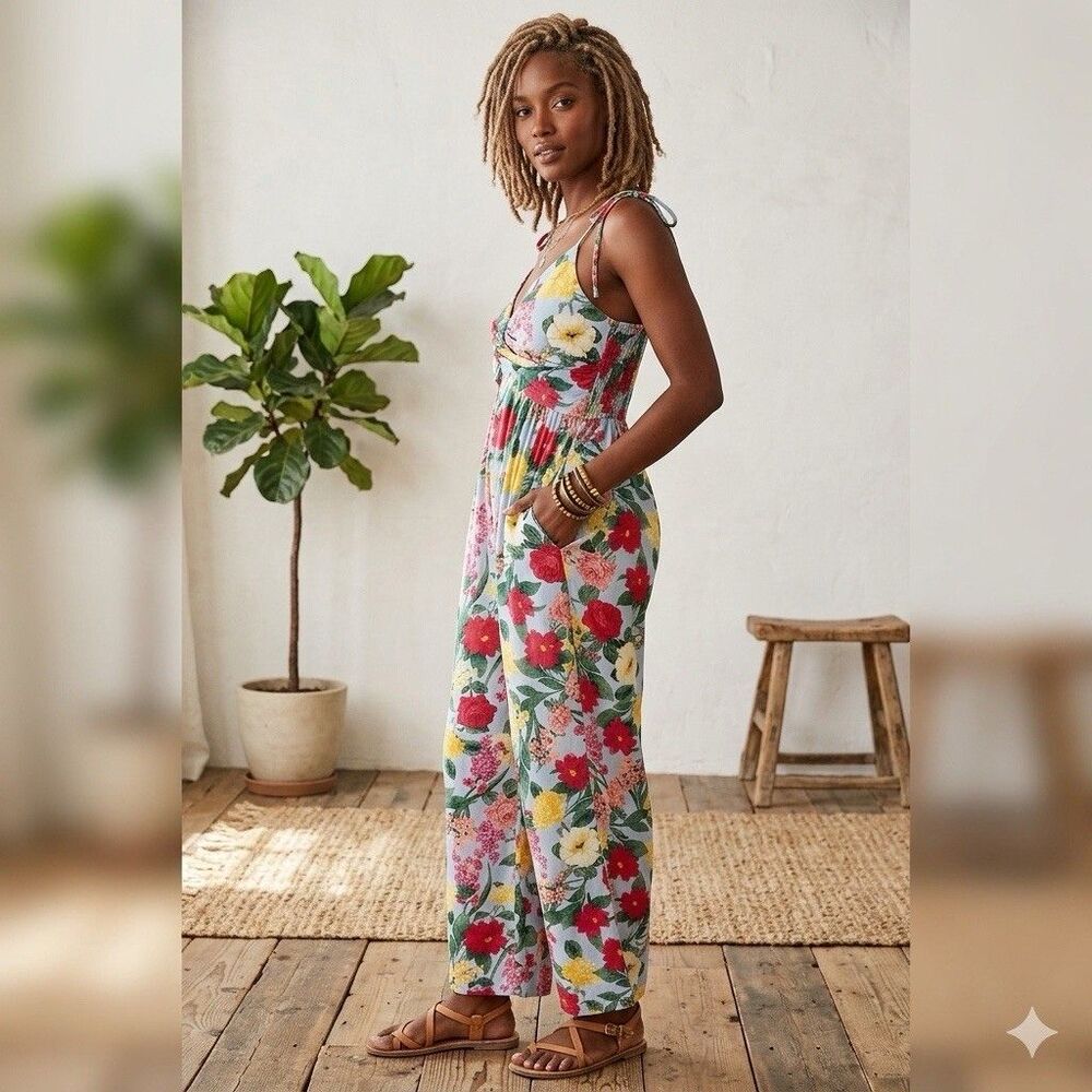 Old Navy Tropical Floral Linen Blend Twist Cami Wide Leg Jumpsuit L Resort Vacay